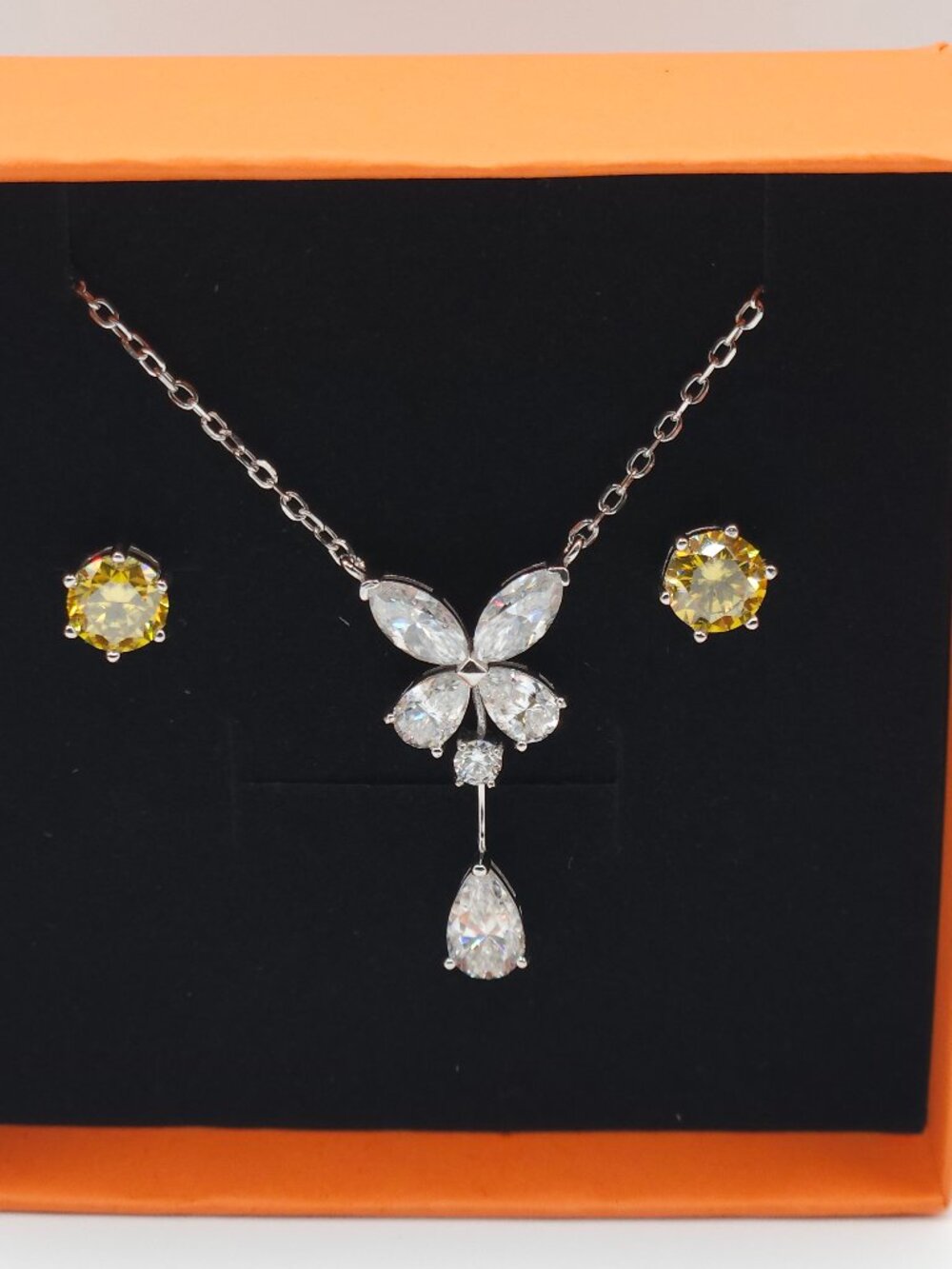 925 Silver Moissanite Butterfly Necklace & Earring Set 6ctw